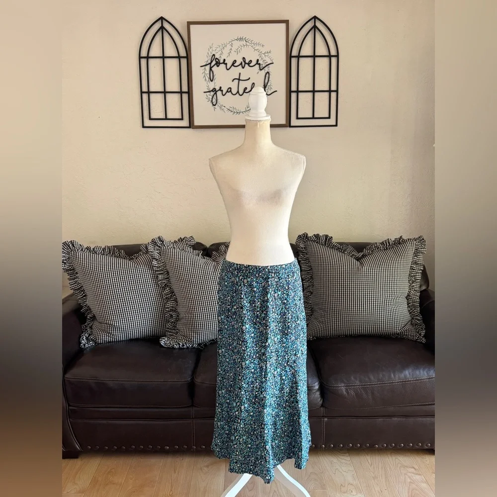 Christopher & Banks Maxi Blue & Black Floral Skirt Size 10 Whimsical Boho Indie
